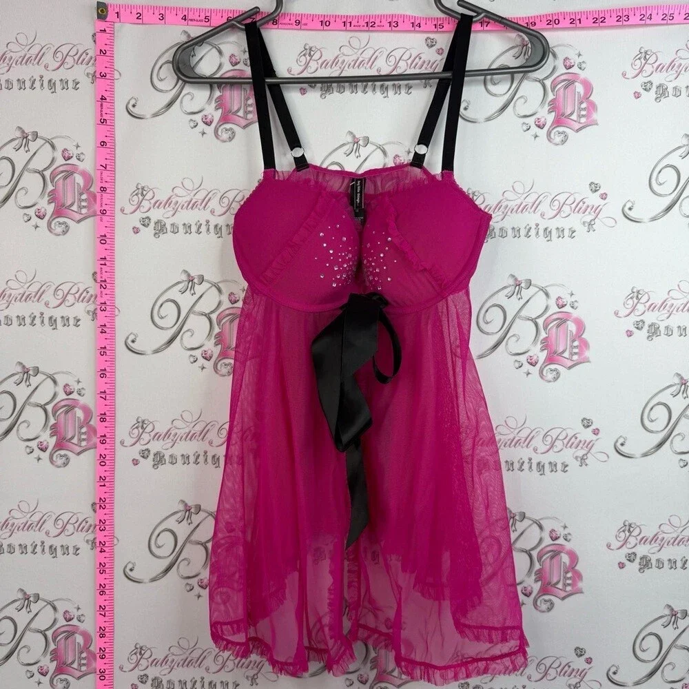 Victoria’s Secret set 2 piece rhinestone Sheer Fuchsia Babydoll matching ribbon